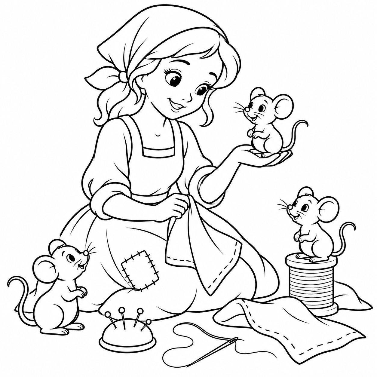 The Girl and Her Little Mouse Friends coloring page with three little mice gathered around a smiling girl